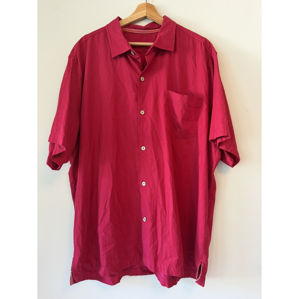 Tommy Bahama Mens XL Silk Cotton Shirt Pink/Red Short Sleeve Button Marlin Beach